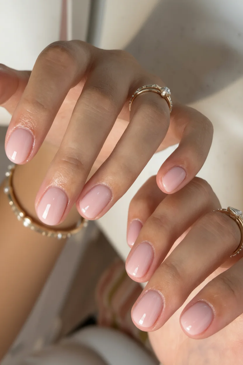 Manos con uñas cortas ovaladas en tono rosa nude brillante y anillos elegantes