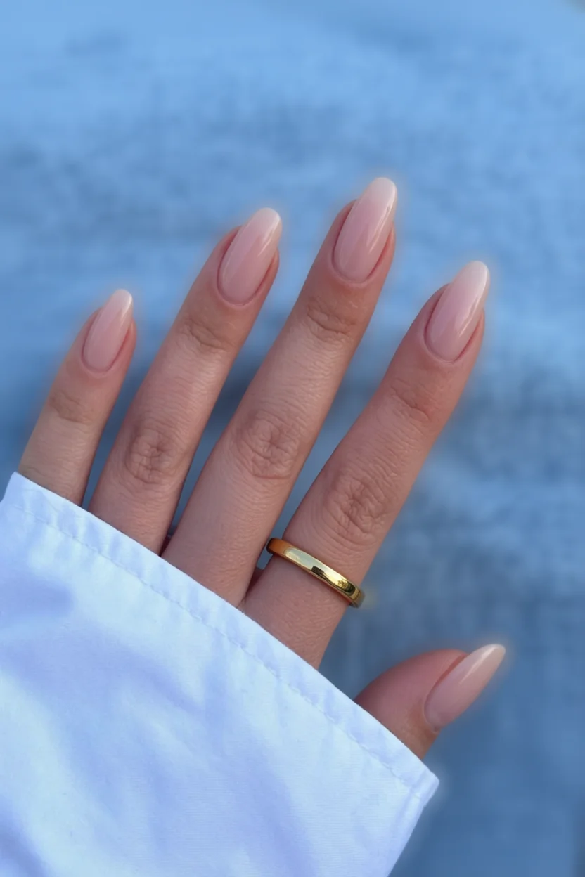 Mano con uñas almendradas en tono nude rosado brillante y anillo dorado