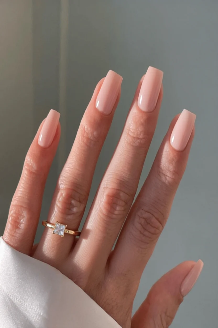 Mano con uñas largas cuadradas esmaltadas en tono rosa nude brillante