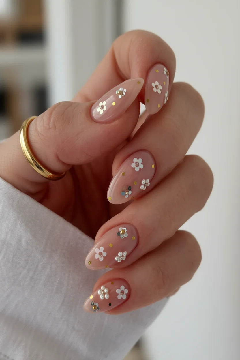Uñas almendradas color nude con flores blancas y brillos dorados