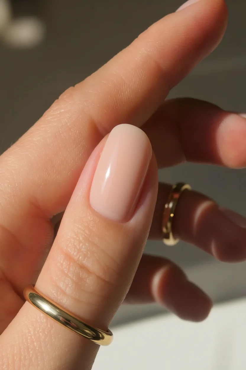 Mano con uñas cortas en tono nude natural brillante