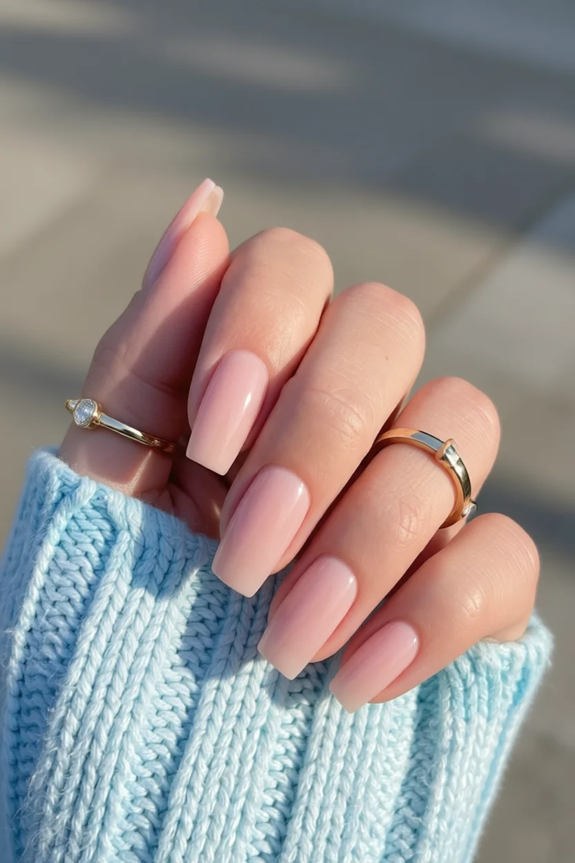 Mano con uñas largas en forma almendrada pintadas de rosa nude brillante y suéter azul claro