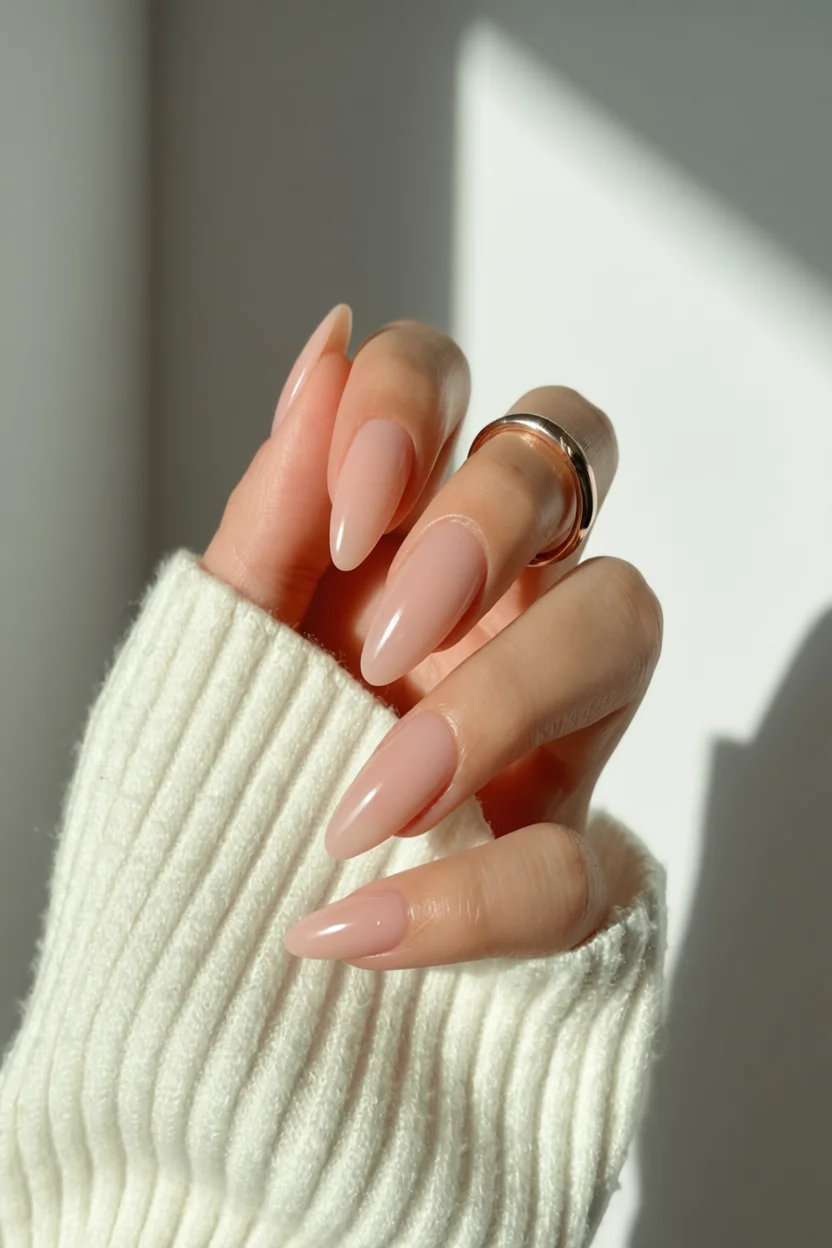 Mano femenina con uñas almendradas en tono nude brillante usando suéter blanco