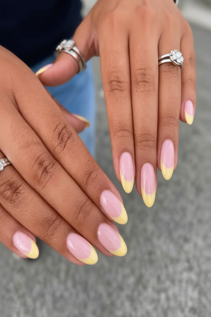 Uñas ovaladas con diseño francés en tonos rosa y amarillo pastel