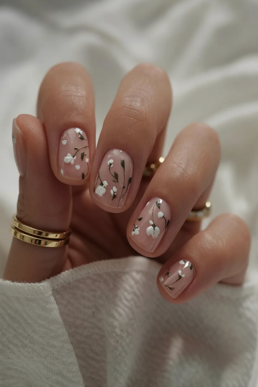 Manicura elegante con uñas cortas, base nude translúcida y diseño de flores blancas con tallos verdes