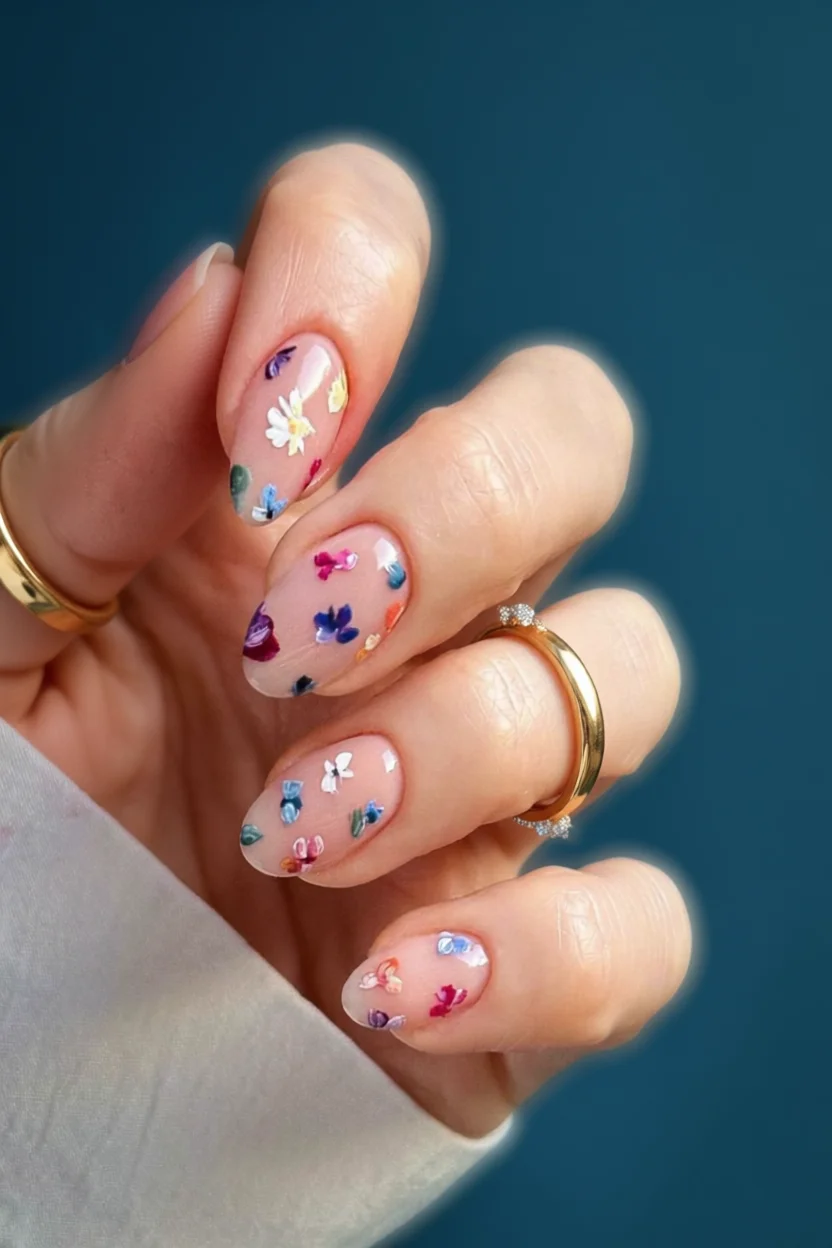 Mano con uñas ovaladas y flores encapsuladas