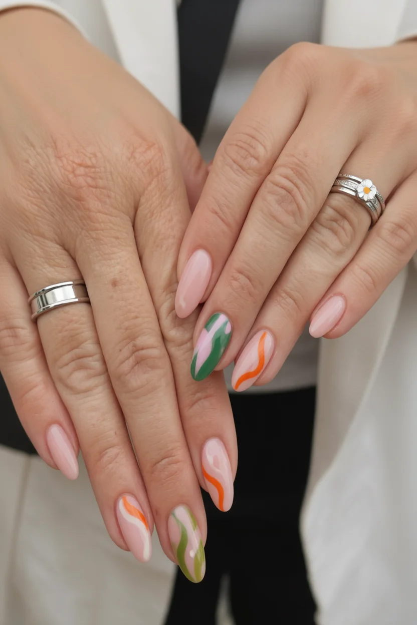 Uñas almendradas en tono rosa nude con líneas onduladas en verde, naranja y blanco