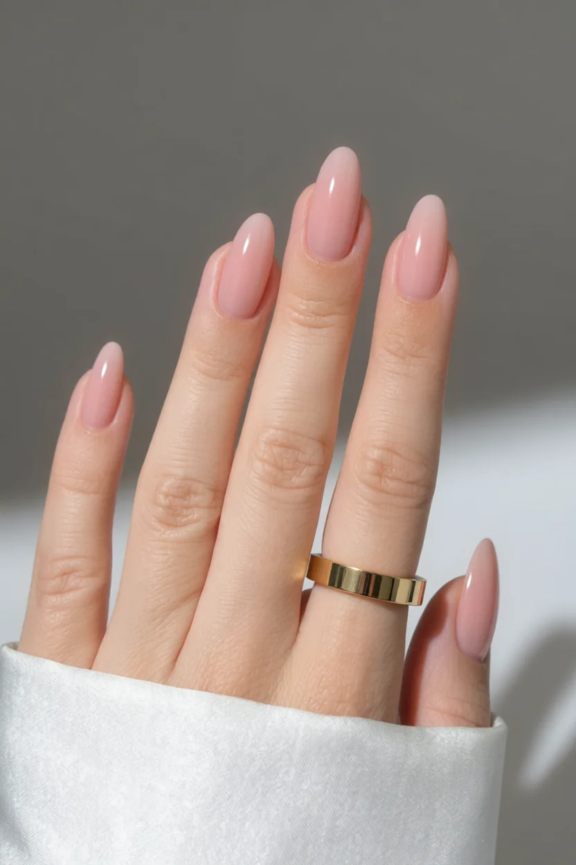 Mano con uñas almendradas esmaltadas en nude rosa brillante con acabado Glossy