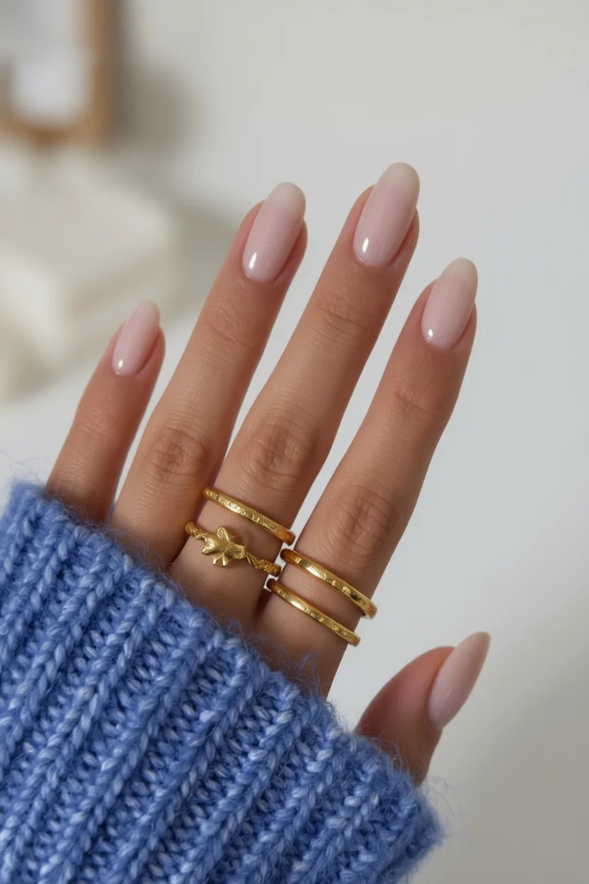 Mano con uñas almendradas en裸 rosado brillante usando anillos dorados y suéter azul