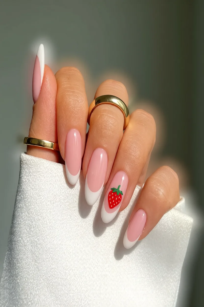 Uñas largas con punta blanca, base rosa y un diseño de fresa pintado
