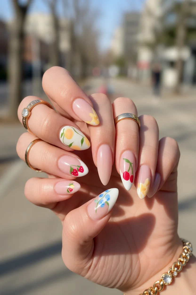 Uñas stiletto con base nude y diseños de cerezas, limones y flores pintadas a mano