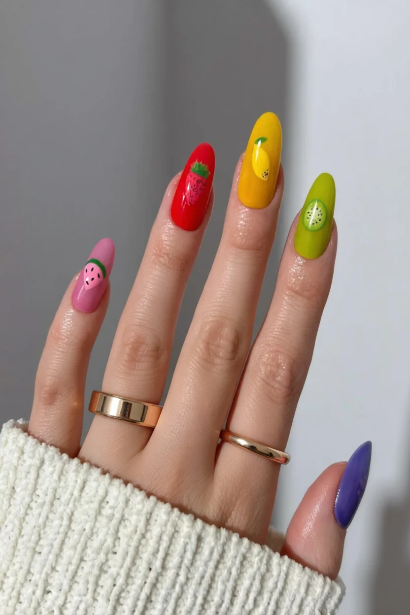 Mano con uñas largas ovaladas decoradas con frutas: fresa, limón, kiwi, sandía y uña lila