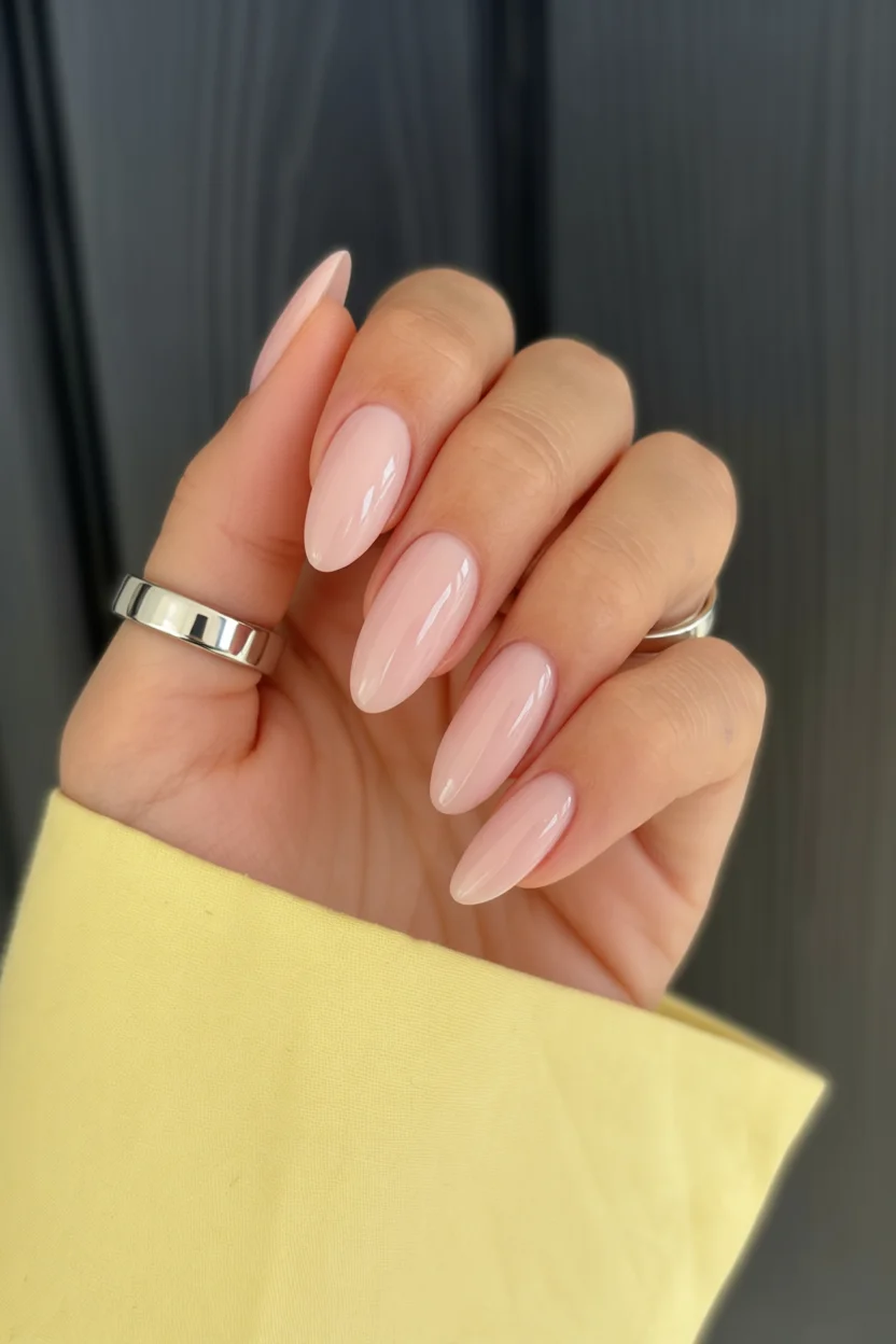 Mano con uñas ovaladas largas esmaltadas en rosa pastel brillante y brillo glossy