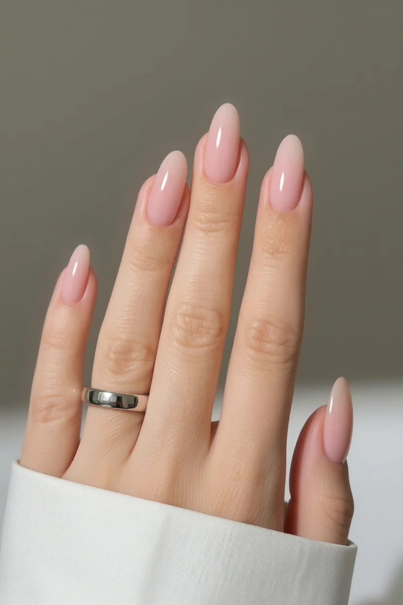 Mano con uñas ovaladas largas en color nude rosado brillante