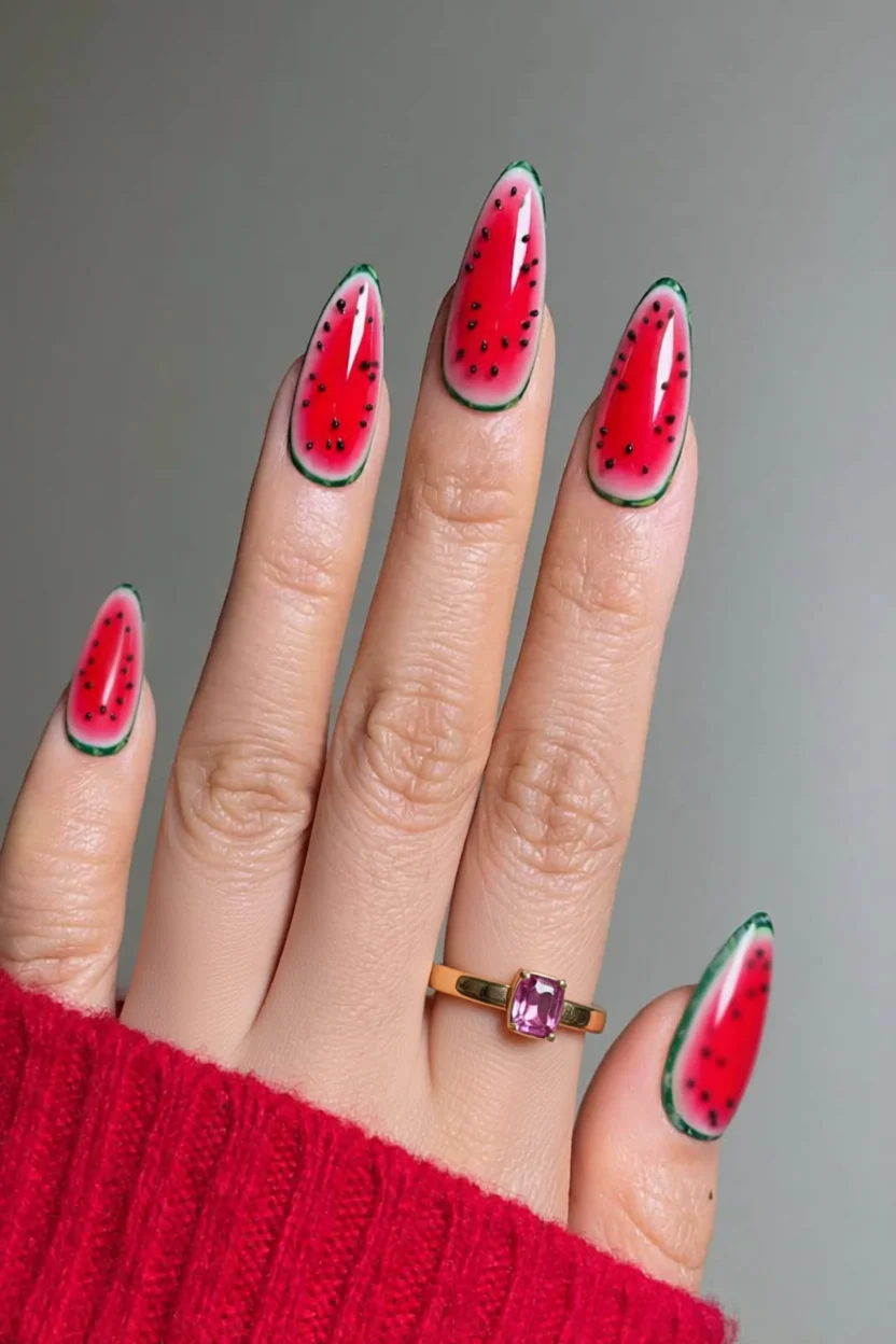 Uñas largas forma almendra con diseño 3D de rodaja de sandía, pulpa roja, semillas negras y cáscara verde