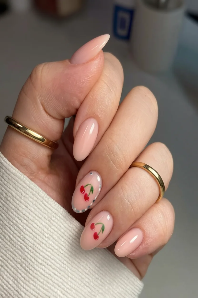 Mano con uñas largas ovaladas color nude y detalles de cerezas pintadas a mano