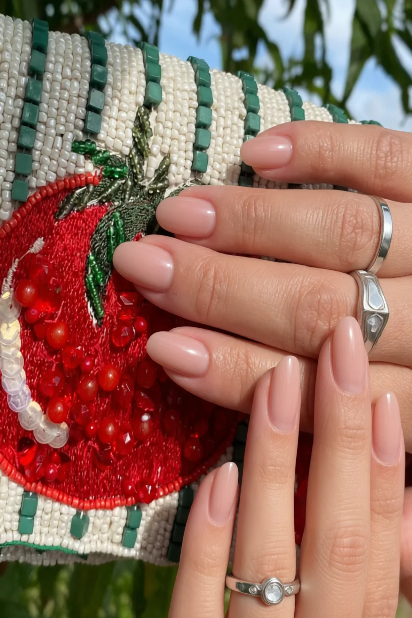 Manos con uñas nude brillantes y anillos plateados sobre un bolso de cuentas con diseño de fresa