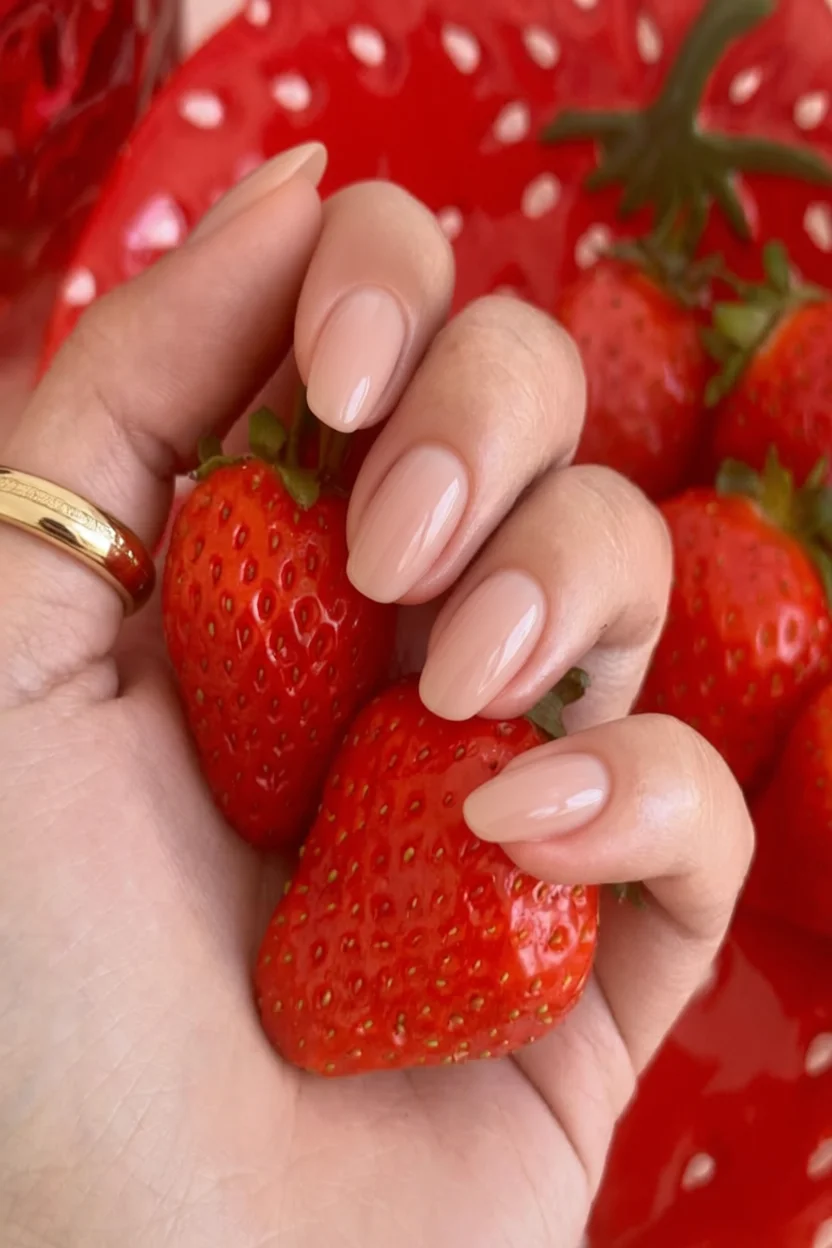 Mano con uñas nude brillantes sosteniendo fresas frescas