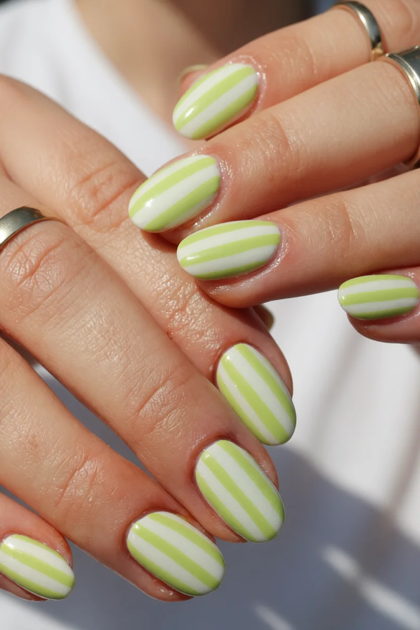 Uñas ovaladas con franjas verdes y blancas estilo cítrico