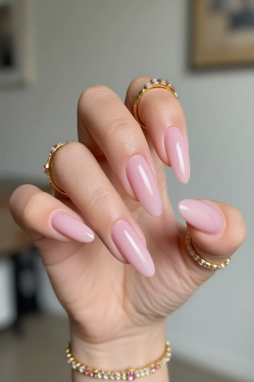 Mano con uñas largas almendradas en esmalte rosa nude brillante
