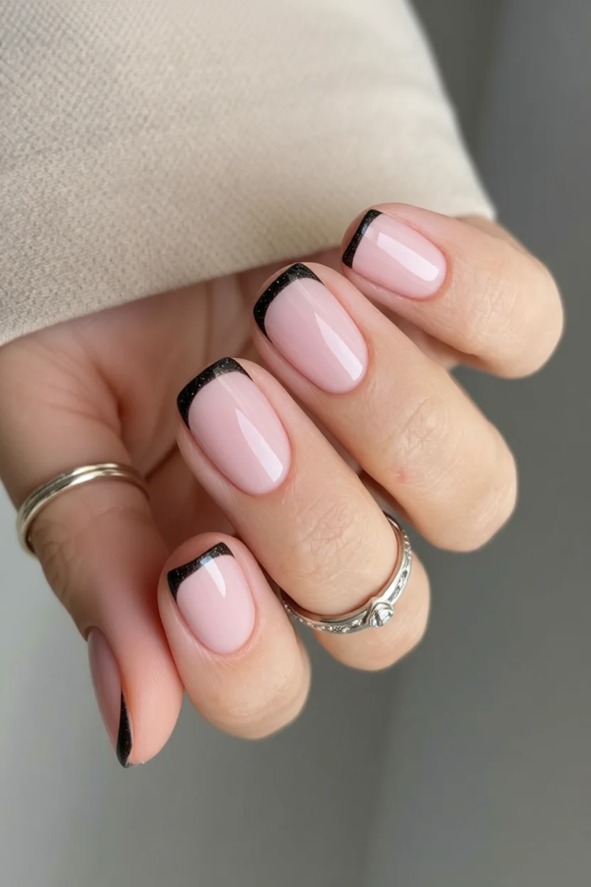 Manicura francesa moderna con puntas negras brillantes