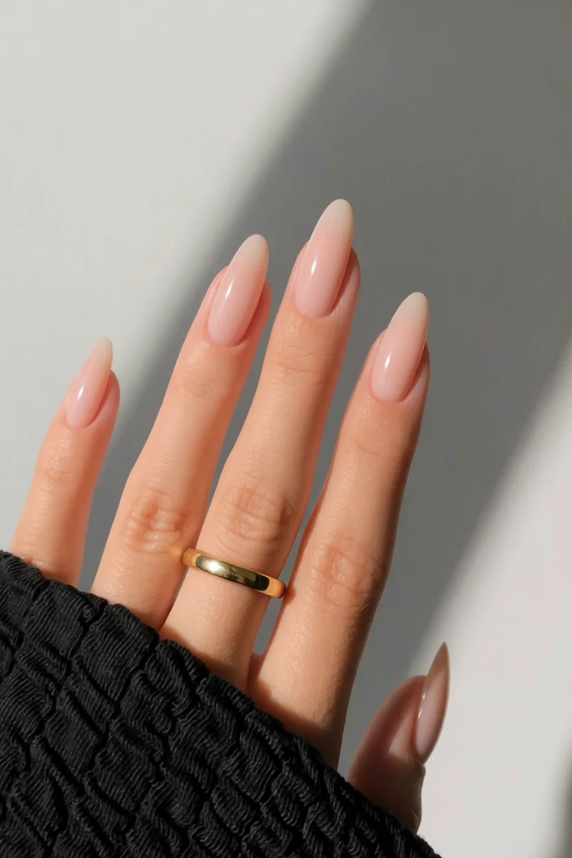 Uu00f1as French Ombru00e9 en forma almendra con degradado rosa nude