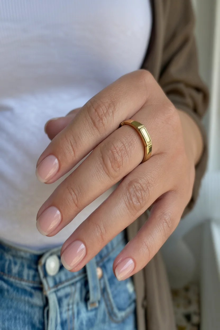 Mano con uñas cortas en tono milky nude brillante y anillo dorado en el dedo anular