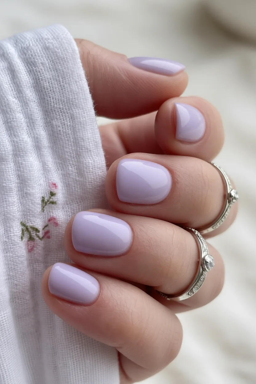 Manicura milky color lila en uñas cortas y brillantes