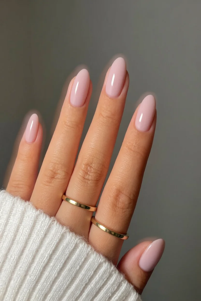 Mano con uñas largas almendradas esmaltadas en rosa nude con acabado brillante