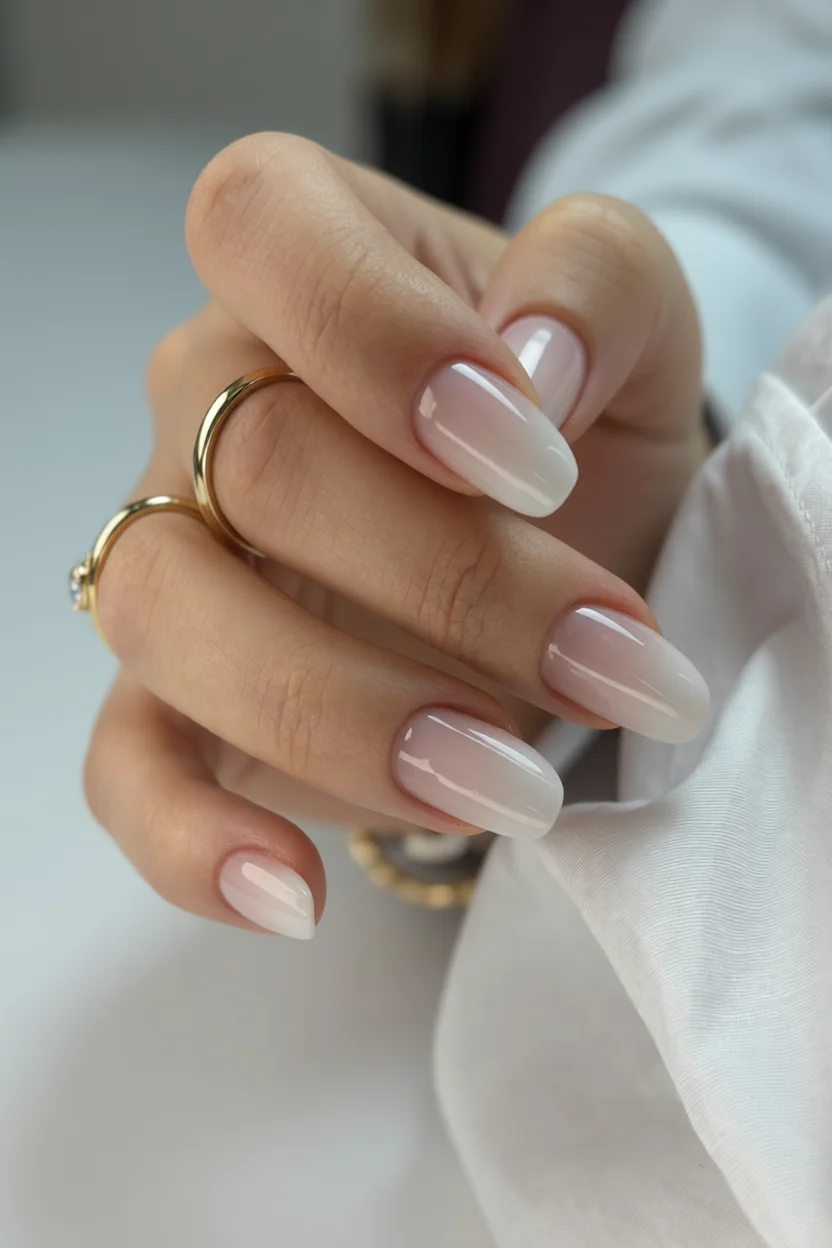 Mano femenina con uñas ovaladas estilo milky blanco