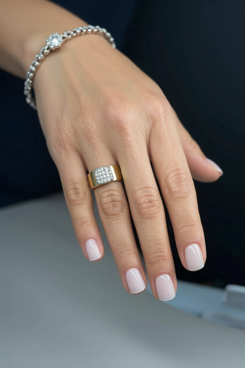 Mano femenina con uñas cortas redondeadas en tono lechoso y puntas blancas
