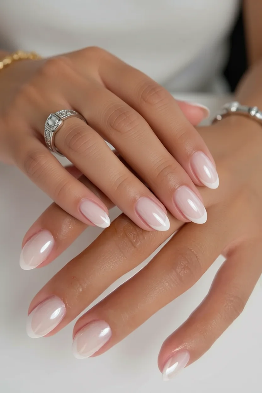 Uñas almendradas estilo milky francés con punta blanca translúcida