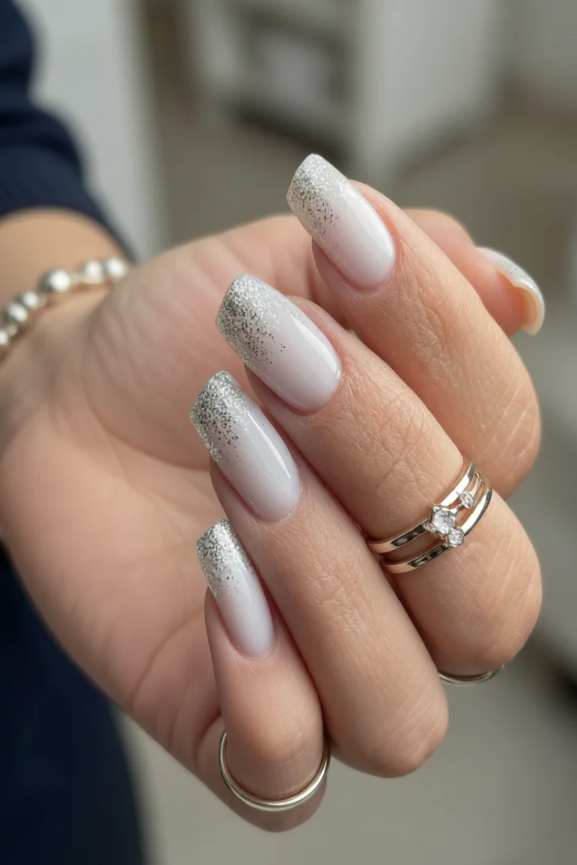 Uñas ovaladas con base lechosa translúcida y glitter plateado en las puntas efecto degradado elegante
