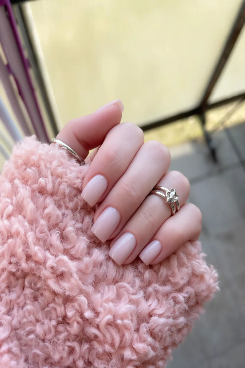 Mano con uñas cortas almendradas color milky pink sobre suéter rosa afelpado