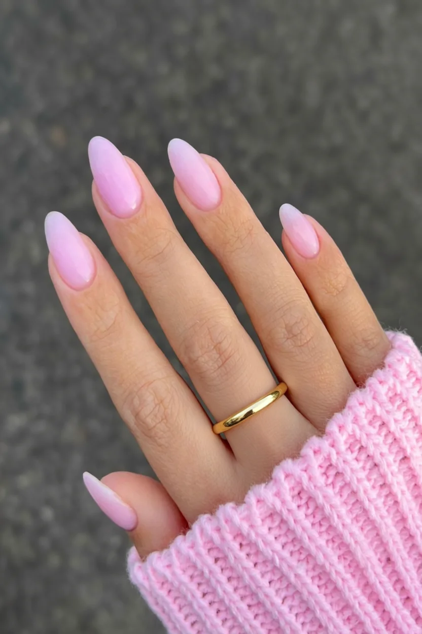 Mano con uñas almendradas color rosa pastel milky y suéter tejido