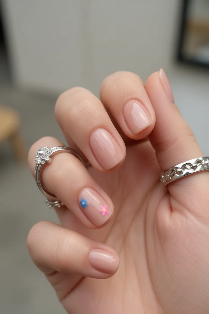 Mano con uñas cortas nude brillante y dos pequeñas flores azul y rosa