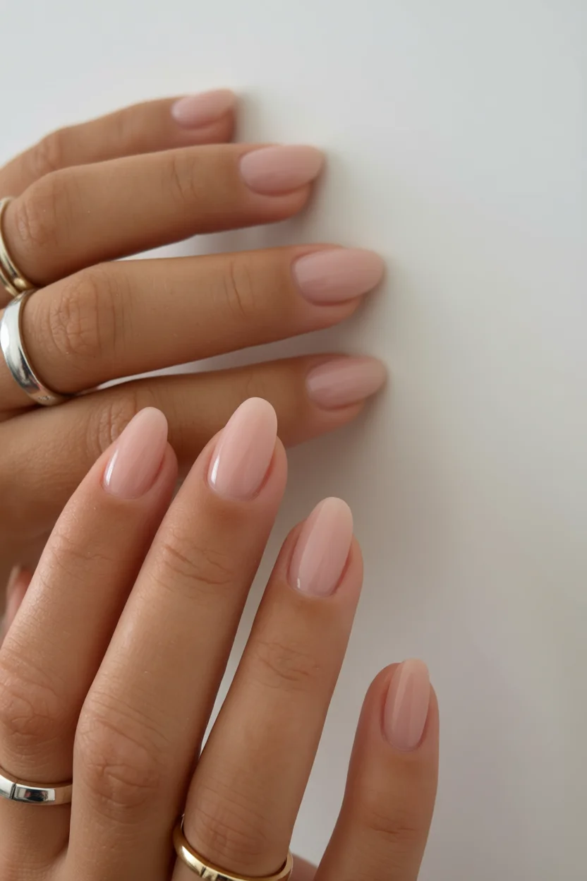 Mano con uñas cortas ovaladas pintadas en nude rosado brillante