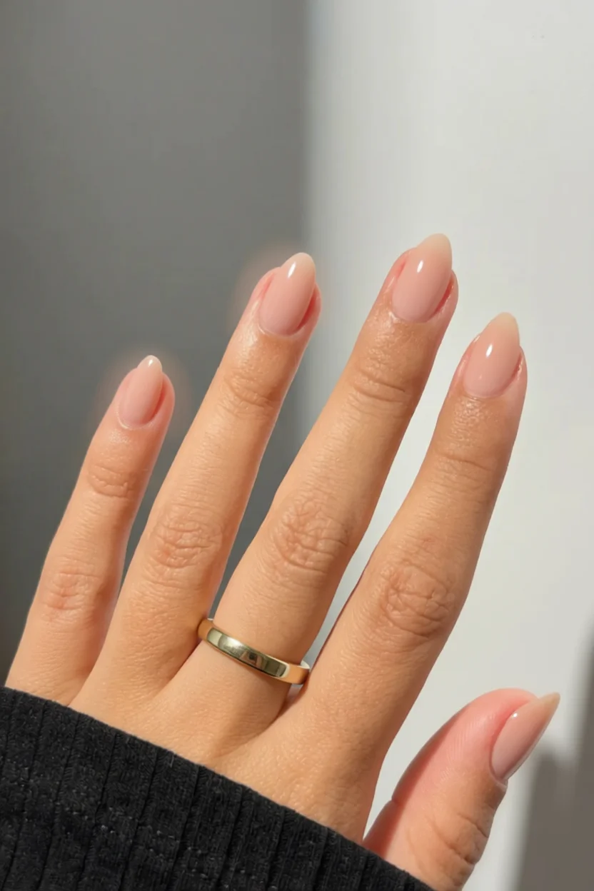 Mano con uñas cortas redondeadas y esmalte nude rosado brillante