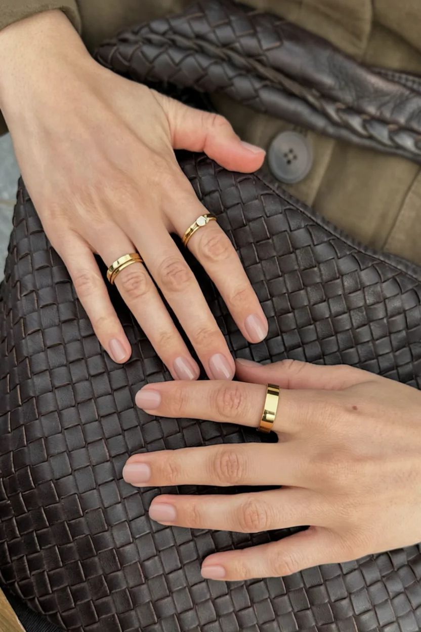 Manos con uñas cortas al natural en tono nude brillante y anillos dorados sobre bolso de cuero trenzado