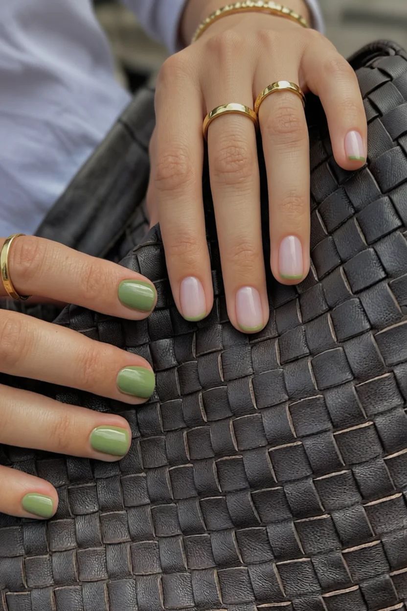 Mano con uñas cortas verde oliva y mini francés sobre bolso