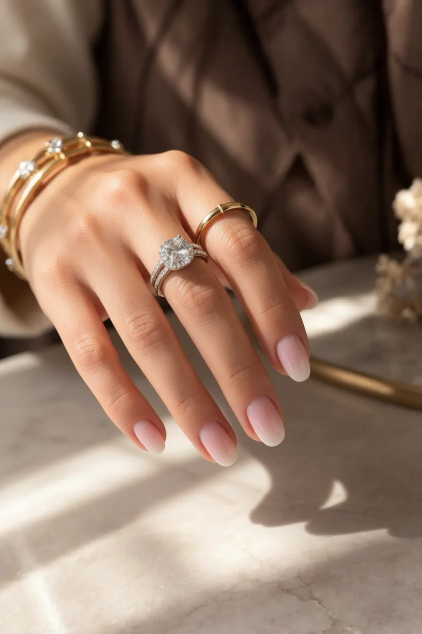 Mano con uñas cortas ovales en diseño francés rosado suave y anillos dorados