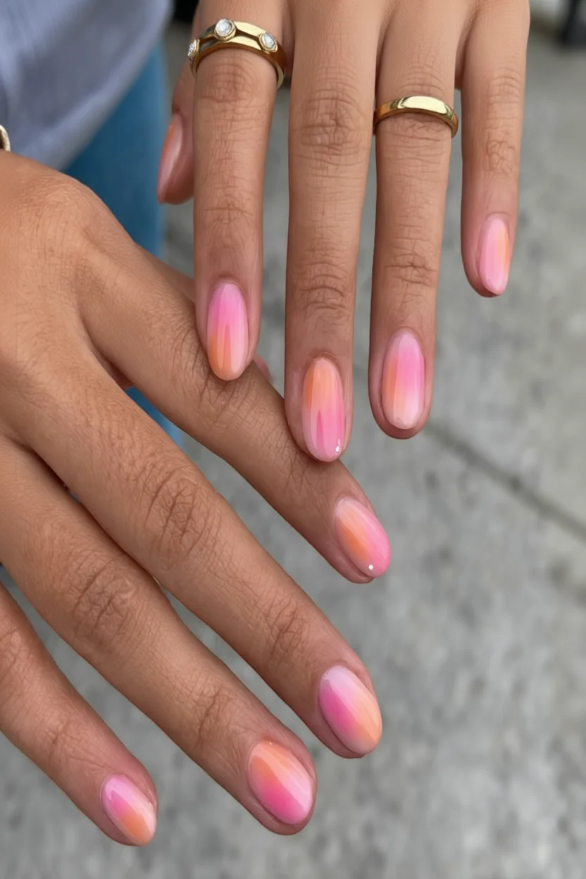 Uñas cortas forma almendrada con degradado rosa a naranja y anillos dorados