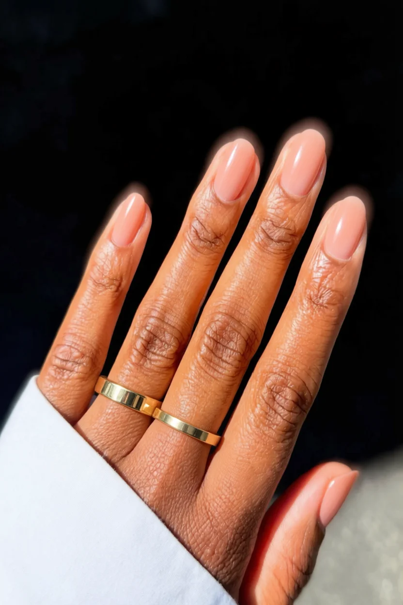 Mano con uñas cortas forma almendrada y esmalte nude brillante con anillos dorados