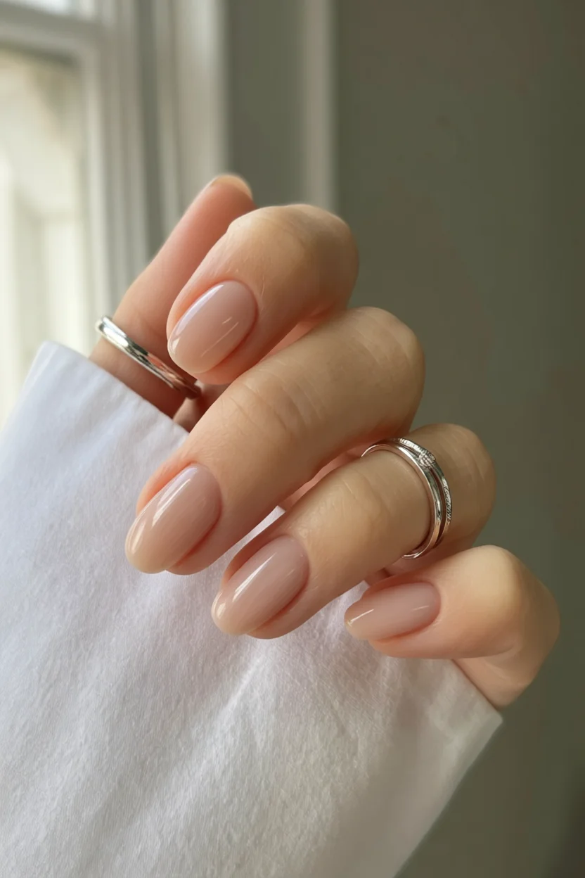 Uñas cortas en forma de almendra con esmalte nude brillante y anillos plateados