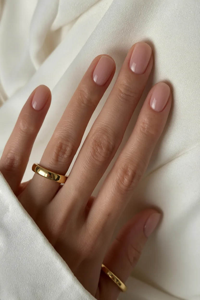 Uñas cortas ovaladas con esmalte nude brillante y anillos dorados