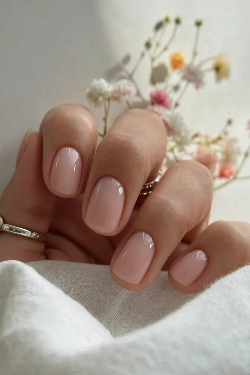 Uñas cortas en forma redonda con base nude rosado y brillo glossy