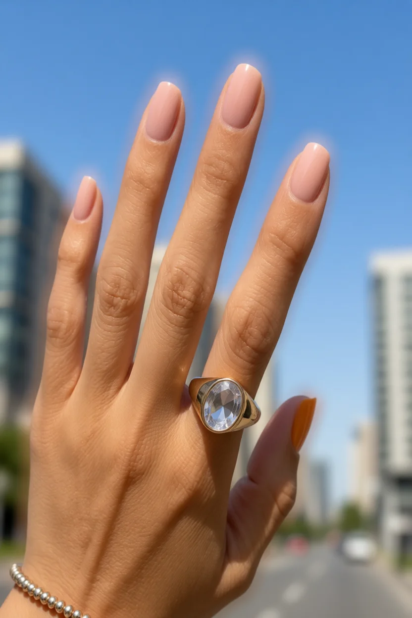 Mano con uñas almendradas color nude rosado y pulgar naranja, anillo dorado con cristal, pulsera de perlas y cielo azul de fondo