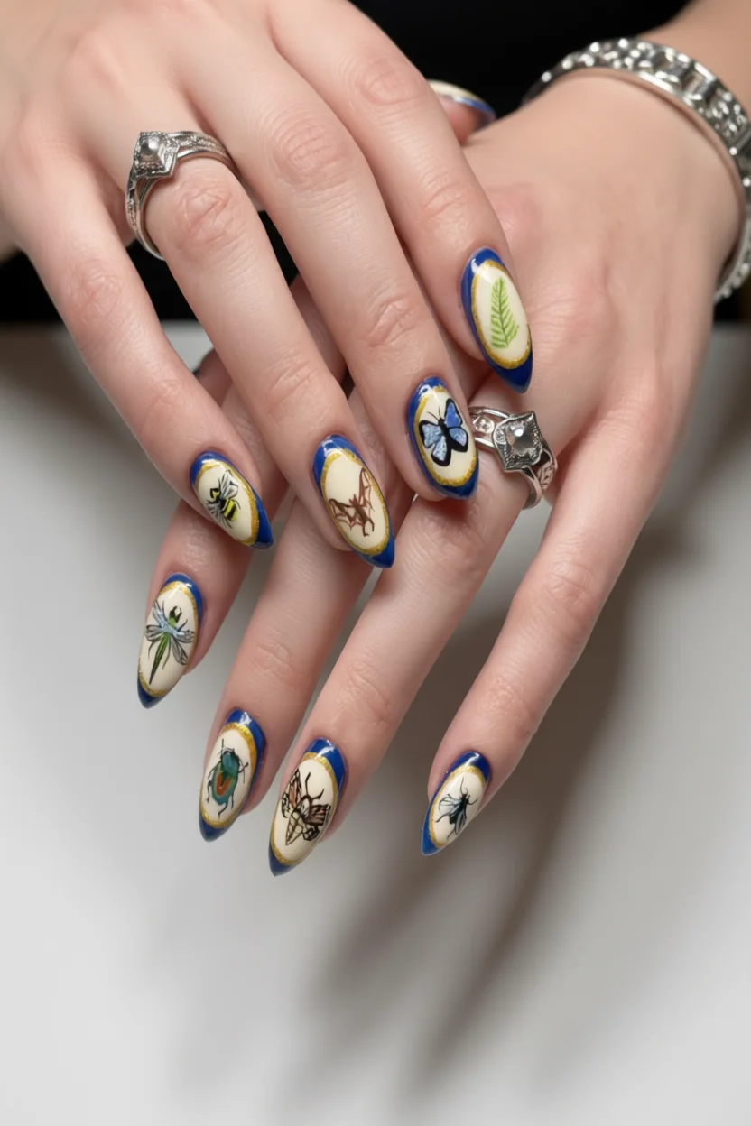 Uñas almendradas con arte de insectos