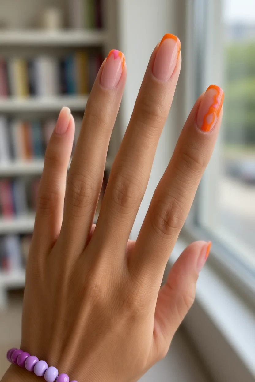 Mano con uñas nude y diseño ondulado naranja y rosa