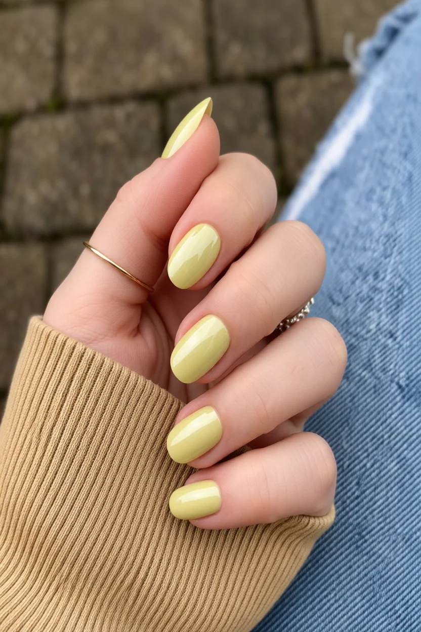 Mano con uñas amarillas limón brillantes en forma ovalada y un fino anillo dorado